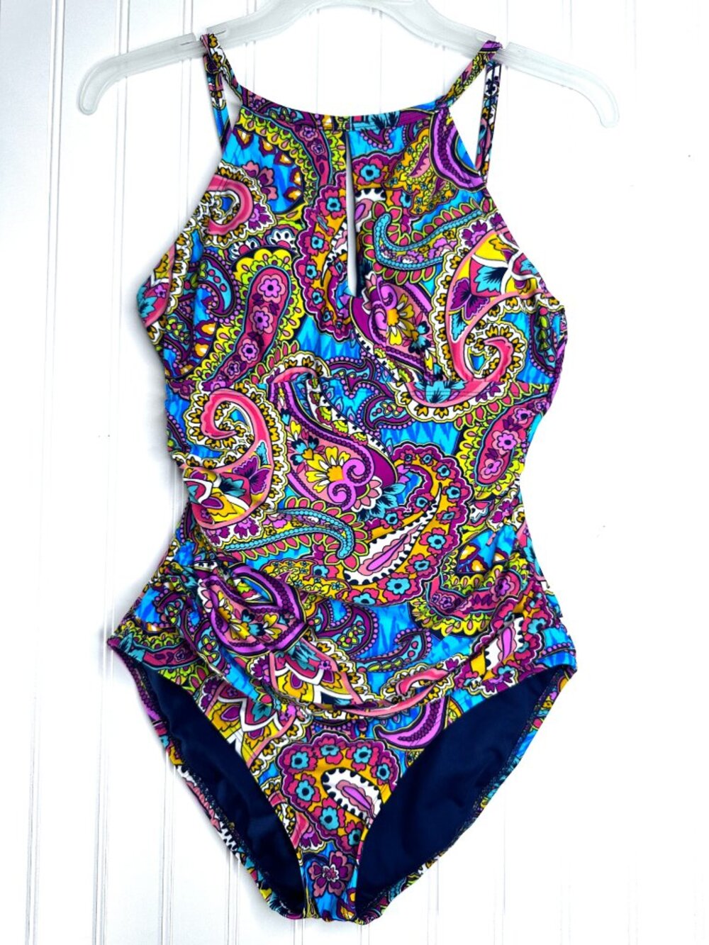 Ellen Tracy Women's Paisley High-Neck Keyhole One Piece Swimsuit Size 8